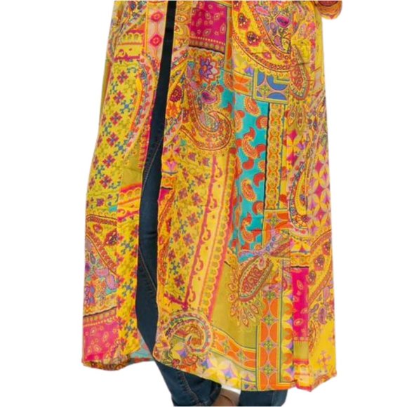 Raj Open Front Mosaic Print Kimono Yellow Gold Purple Green Fuchsia One Size - Picture 4 of 6